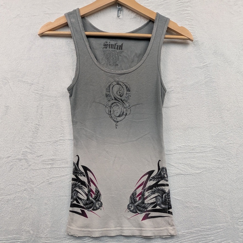 VTG Sinful Tank Top Women's Small Gray White Ombre McBling Grunge USA Made Y2K